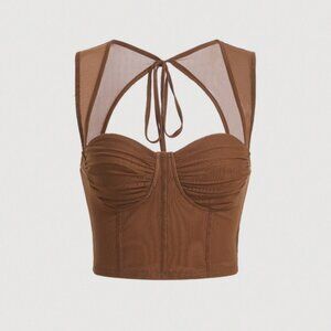 Tie Backless Ruched Bustier Mesh Panel Tank Top Brown